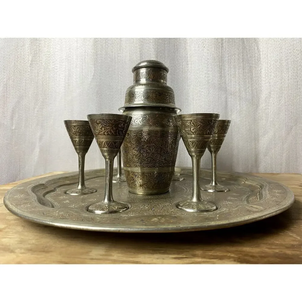 VTG Hand-Etched Brass Cocktail Shaker Set Tray 6 Goblets MCM
